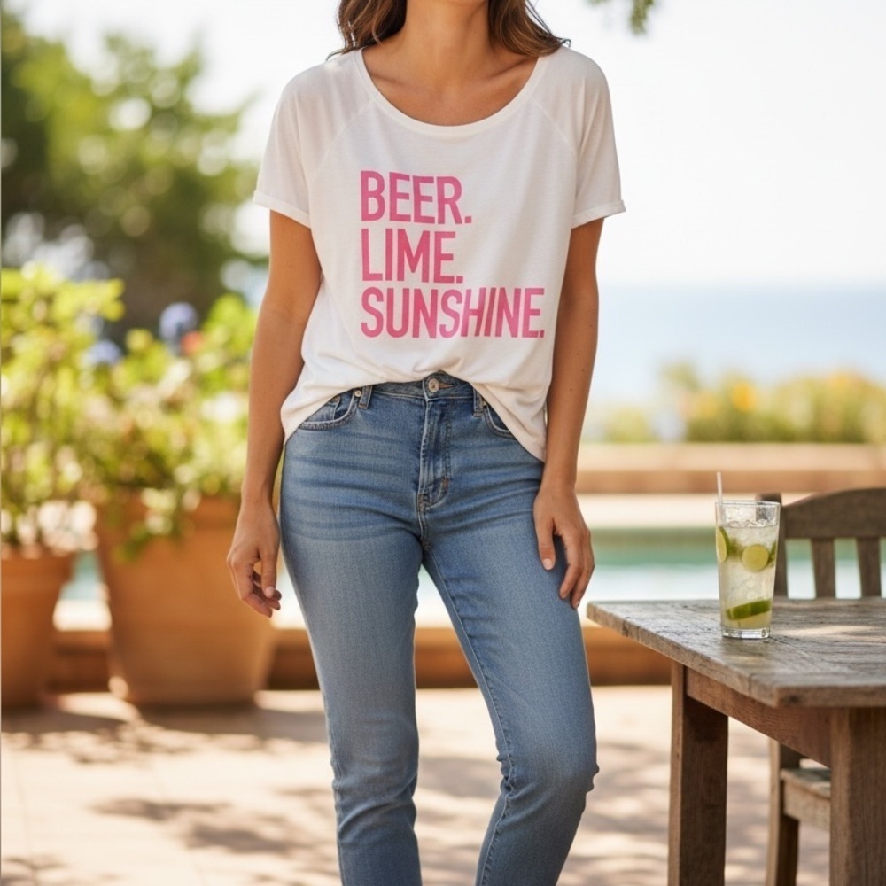 BiBi Cream Fabric with Pink Beer Lime Sunshine Tshirt size small